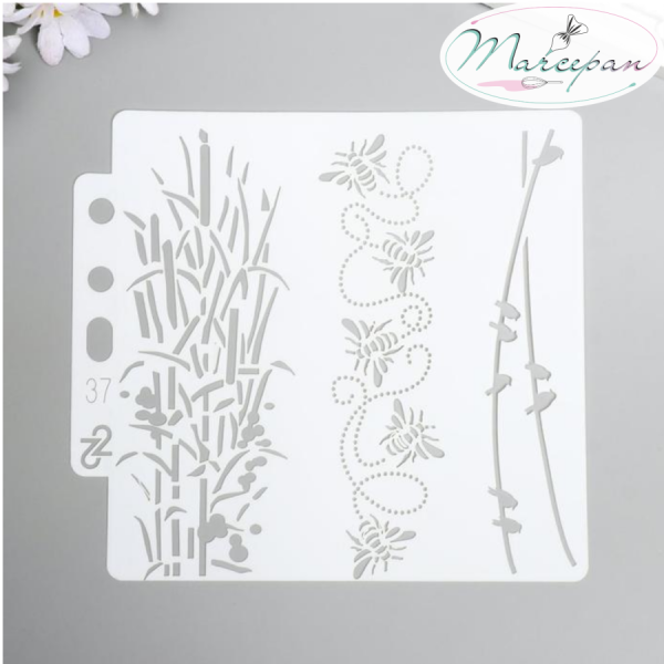 Трафарет пластик "Бамбук, пчёлки и птицы на проводах" 13х14 см   5478033      